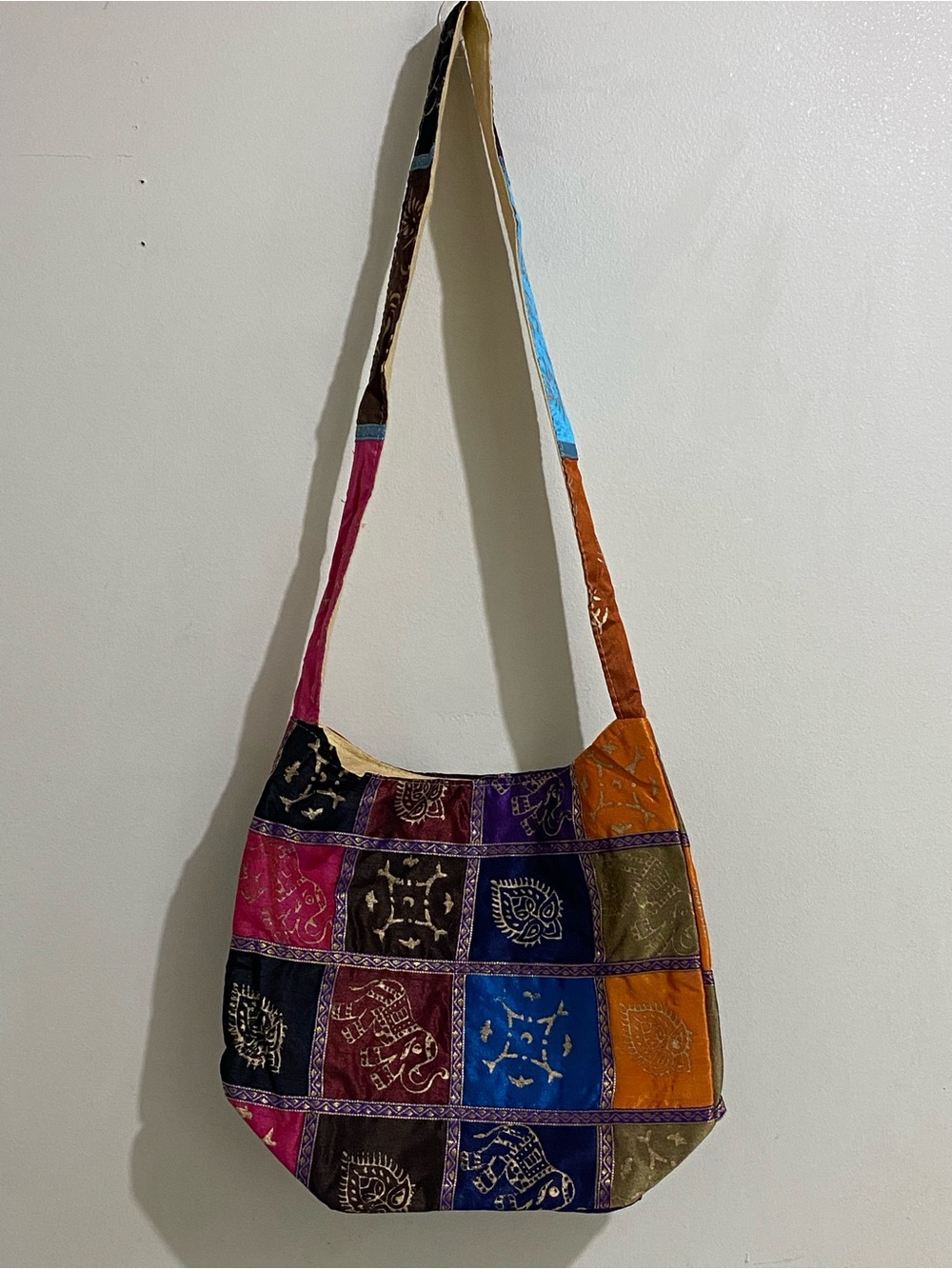 Elephant Safari Multicolor Patchwork Sling Bag with Embroidered Accents Zip